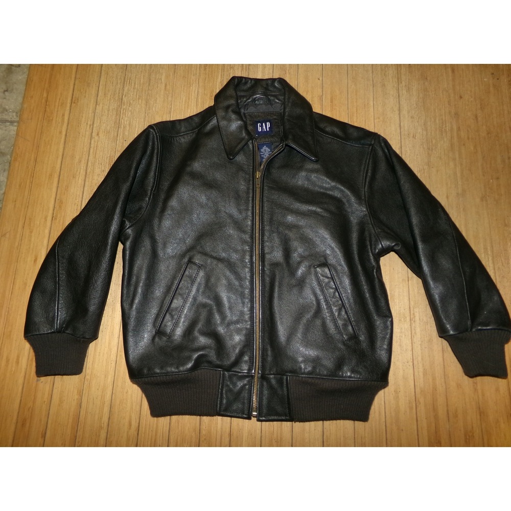 Gap  Boys Black Genuine Leather VINTAGE Bomber Jacket Zip Up Ribbed Trim SZ M